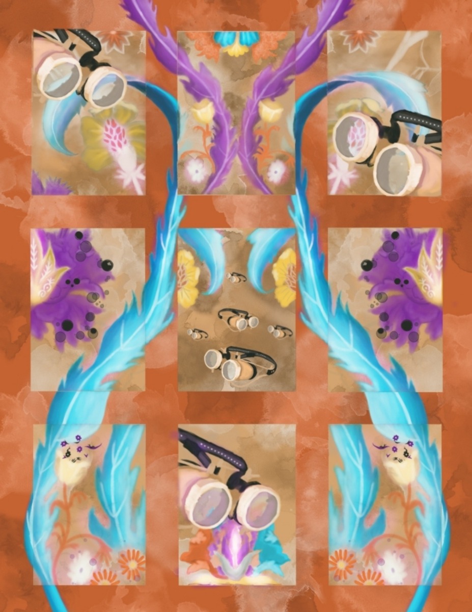 Digital Painting containing goggles and blue and purple streaks