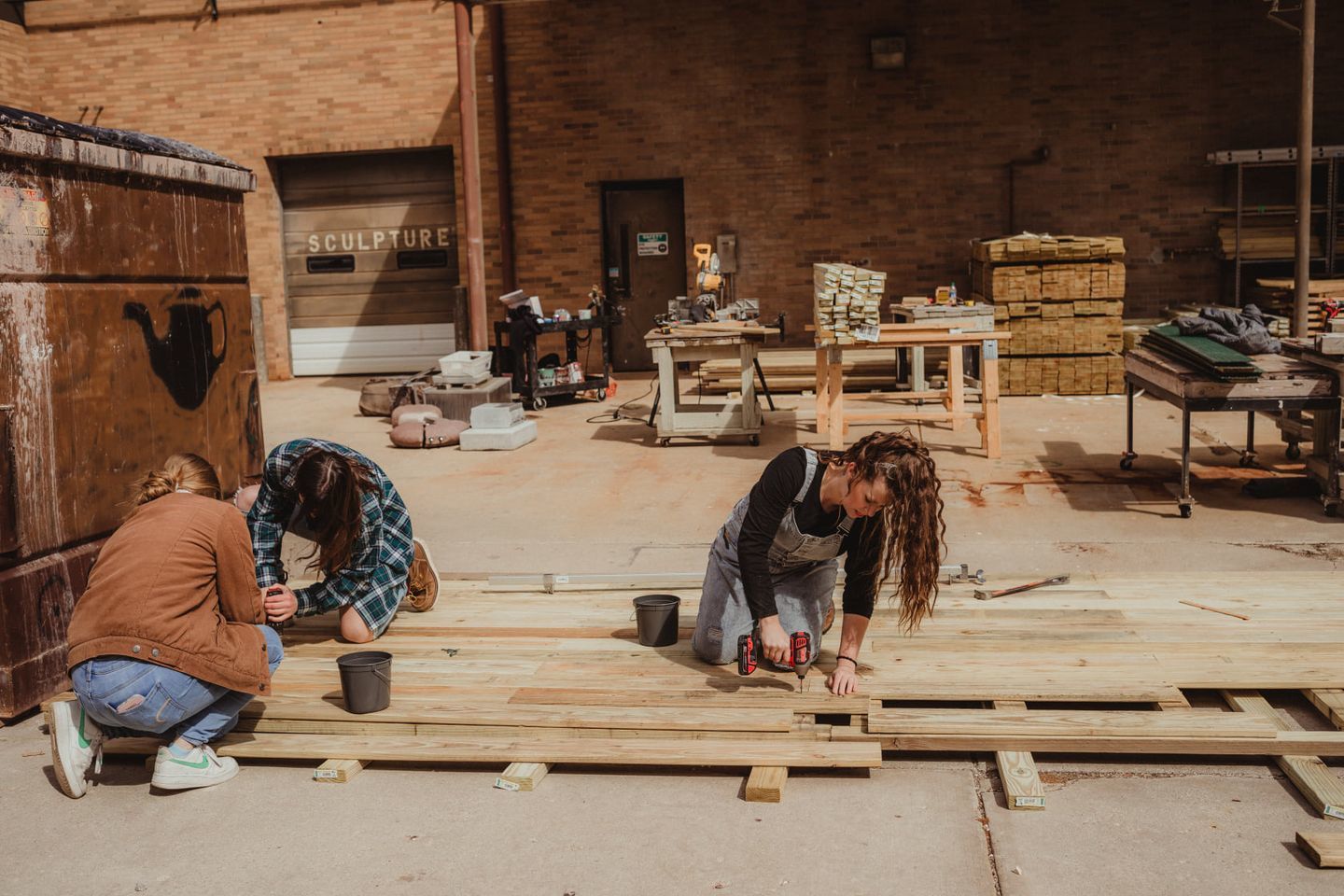 Students working on the parklets.