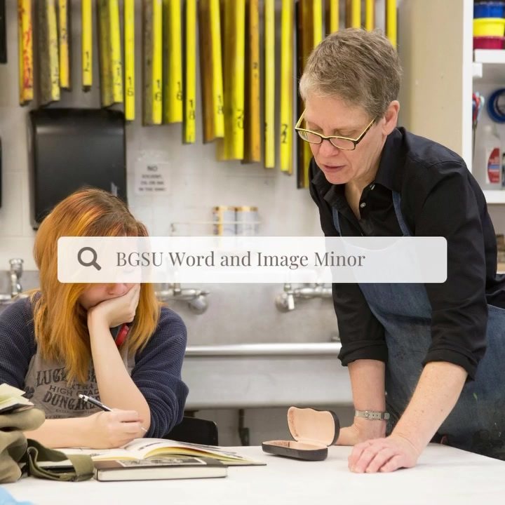 "Word and Image Minor" text over an image of a student and teacher in the print lab.
