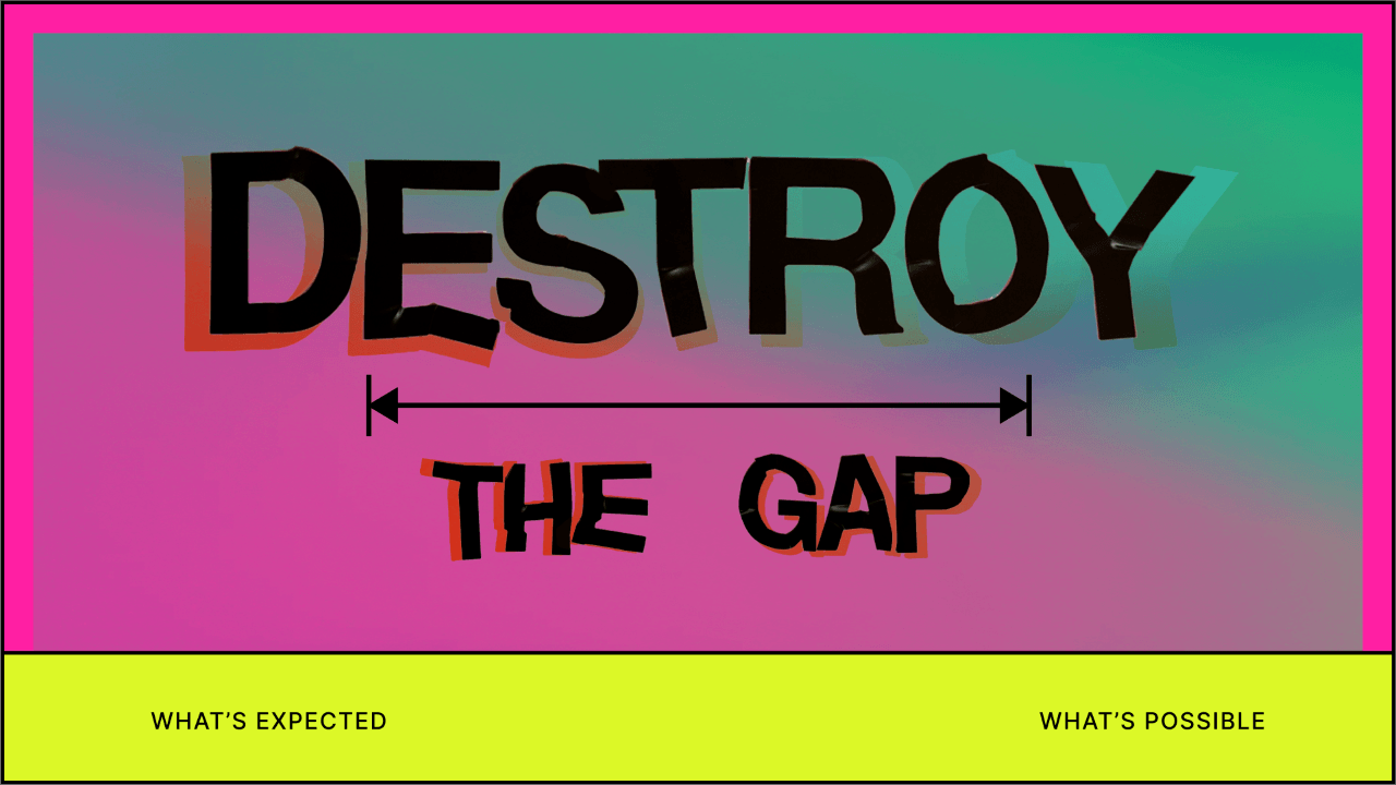 Text over decorative background. Text: Destroy the Gap; What's Expected; What's Possible