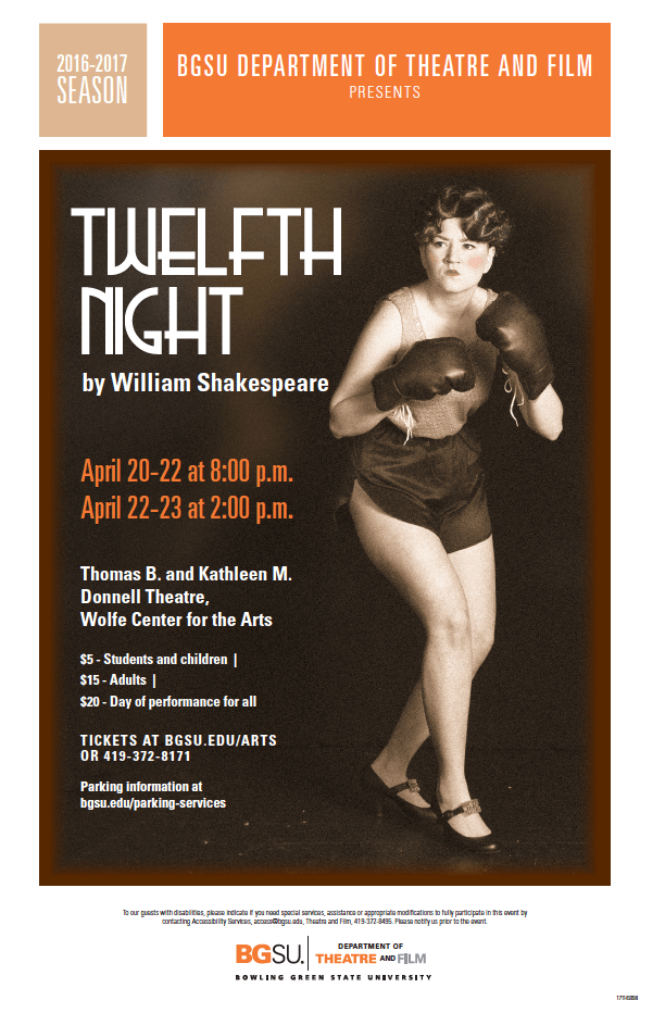 Poster for Twelfth Night containing a woman posed in a boxing outfit