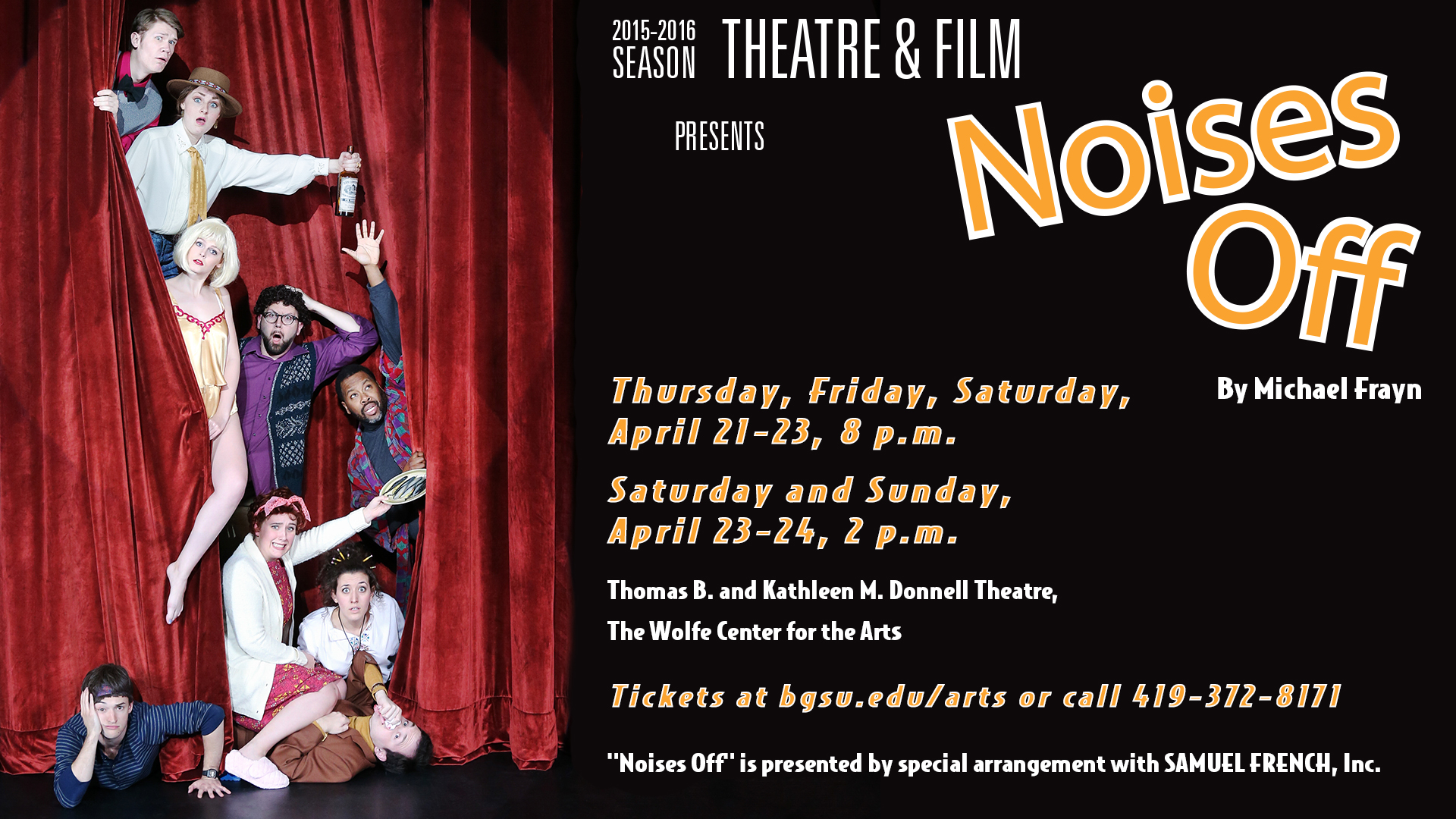 Poster for Noises Off! containing nine actors appearing from behind a curtain