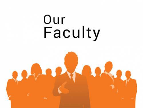 Orange colored graphic reading "our faculty" with a figure pointing