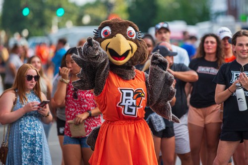 BGSU mascot Frieda Falcon interacts with community at Rally BG event