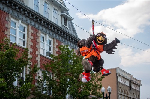 BGSU mascots zipline down Main Street at Rally BG event