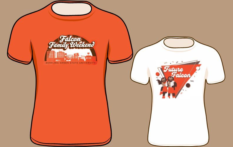 Illustration of an orange adult t-shirt with "Falcon Family Weekend" written on the front of the shirt and a white youth t-shirt with "Future Falcon" written on the front. The youth shirt also has an illustration of Freddie and Freida Falcon mascots and circles, triangles and square shapes in the background.