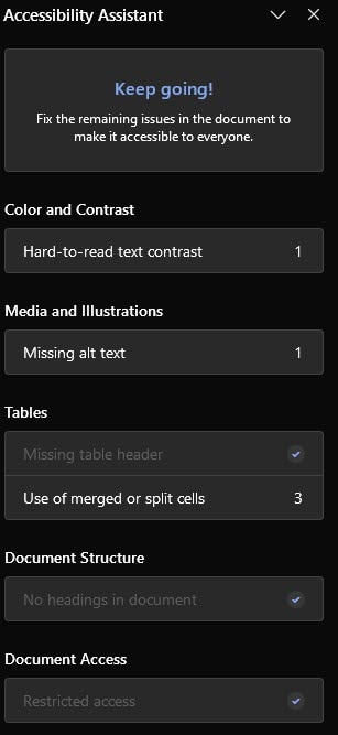 "Accessibility Assistant" "Keep going! Fix the remaining issues in the document to make it accessible to everyone." In this example Color and Contrast has one error, Media and Illustrations has one error and Tables have three errors listed. 
