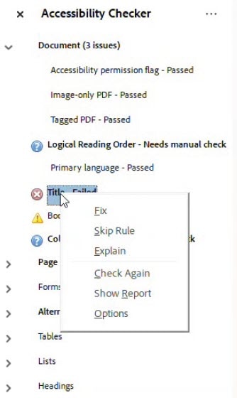 Drop down in accessibility checker that says "Fix, Skip Rule, Explain, Check Again, Show Report, Options" 