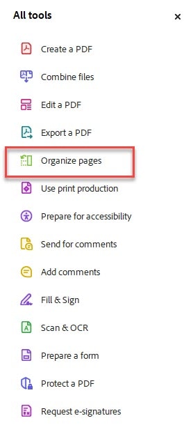 All tools menu with Organzie pages as the 5th item down on the list