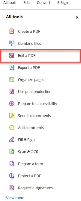 All tools menu screen shot third item on the list is Edit a PDF and has a red rectangle around it