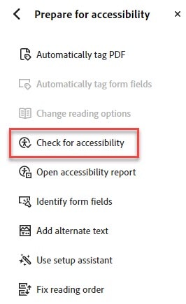 Prepare for accessibility menu.  Fourth item down on the list is Check for accessibility