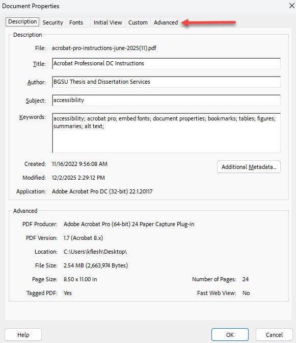 Document Properties with the "Description" tab clicked and an arrow pointing to the last tab called the "Advanced" tab