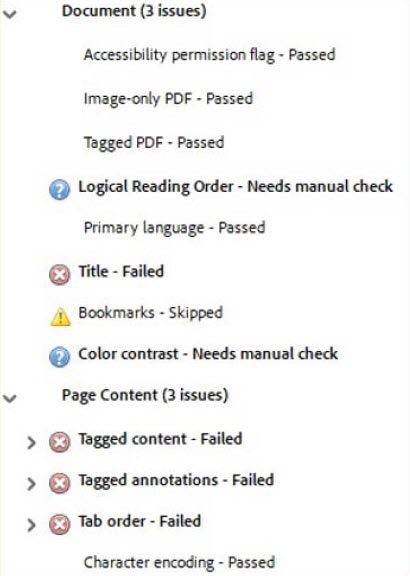 Screen shot with examples of clicking the arrow to see what is the issue.  There are blue circles with question marks, red circles an x, and a yellow triangle with an explanation point.