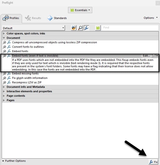 Embed fonts (even if text is invisible) is under the Document sub menu and is fourth on the list