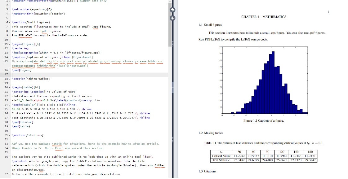 Example without the clear page command of a side‑by‑side view of a LaTeX editor and its compiled PDF output. The left panel shows LaTeX source code including sections on figures, tables, and citations. The right panel displays the resulting PDF with a chapter heading “CHAPTER 1 MATHEMATICS,” a bar‑chart figure labeled “Figure 1.1 Caption of a figure,” and a table of test statistics and critical values.