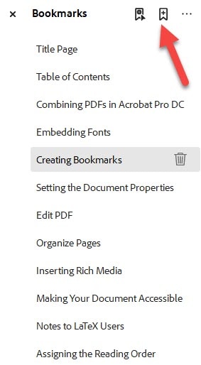 Bookmarks listed for thsi document with an arrow pointing to a bookmark ribbon with a plus sign