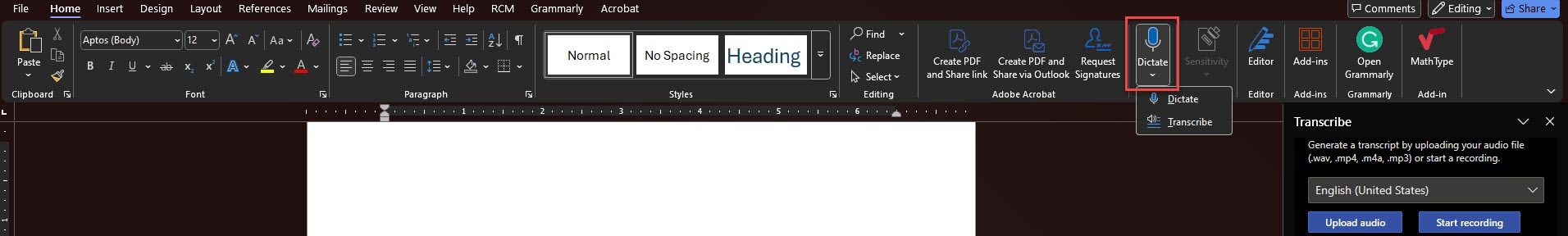 Microsoft Word’s Home tab showing the ribbon with font, paragraph, and styles controls. On the right side of the ribbon, the Dictate button is highlighted with a red box, and its dropdown menu is open, showing options for Dictate and Transcribe. A Transcribe panel appears on the right side of the screen with options to upload audio or start recording.