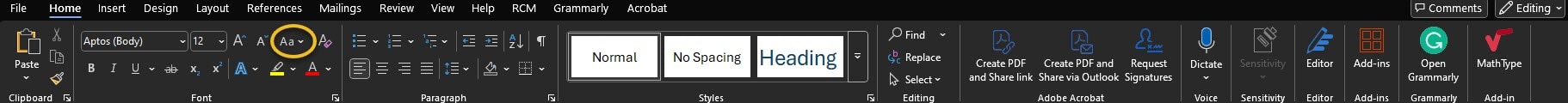 Home tab on the ribbon at the top of Microsoft Word