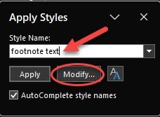 Apply Styles menu "Style Name" has "Footnote text" typed in the drop down and "Modify" is circled