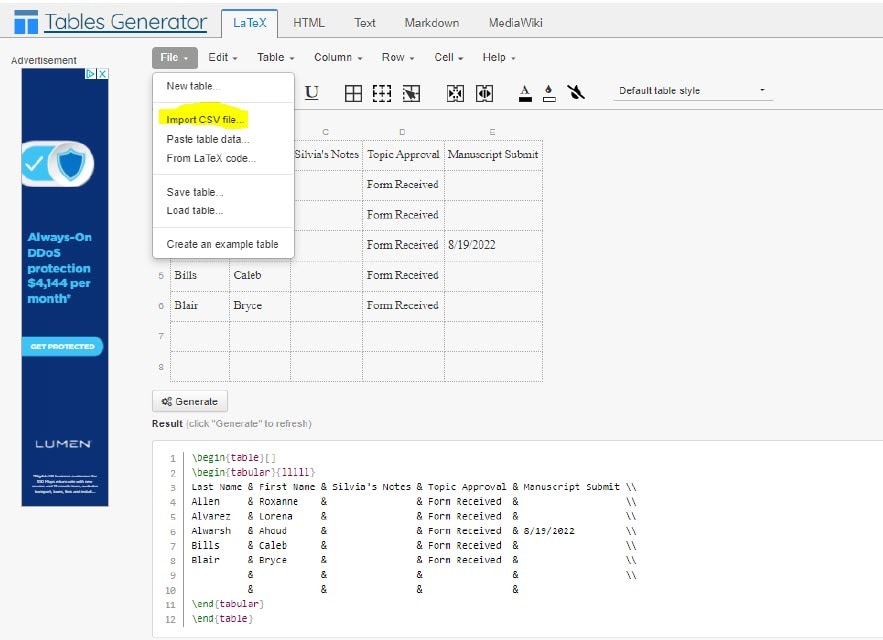Tables Generator website showing the LaTeX table editor. At the top-left, the “File” menu is open, and the option “Import CSV file…” is highlighted in yellow. A table with several rows and columns appears in the center area, containing text such as “Silvia’s Notes,” “Topic Approval,” “Manuscript Submi[t],” and entries like “Form Received” and a date. On the left side of the page, a tall vertical advertisement is displayed. At the bottom of the screen, the LaTeX code output for the table is shown, beginning with \\begin{table}[ ] and listing rows with names and table entries.