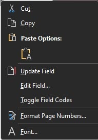 Screenshot of a right‑click context menu in Microsoft Word showing options including Cut, Copy, Paste Options, Update Field, Edit Field, Toggle Field Codes, Format Page Numbers, and Font