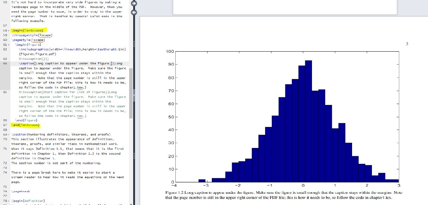 A wide screenshot showing two side‑by‑side panels. On the left panel, a LaTeX editor window is open with line numbers. The code includes commands for rotating a page to landscape using the pdflscape package. A highlighted section shows:  \usepackage{pdflscape} A \begin{landscape} environment beginning above a figure. A \includegraphics command displaying a PDF figure. A caption explaining how to make a long caption appear under the figure while keeping the page number in the upper‑right corner. \end{landscape} closing the environment.  Additional comments describe correct formatting for long captions, figure sizing, and page number placement. On the right panel, the compiled PDF preview displays a wide histogram plot centered on a landscaped page. The histogram has many vertical blue bars forming a distribution that peaks near the center. Beneath the figure is a long caption explaining how to make the caption remain within the margins and how the page number stays in the upper‑right corner of the landscaped page. The page number “3” appears at the top right.