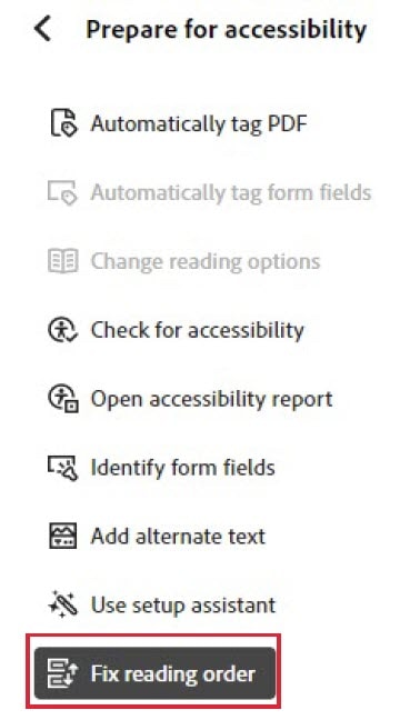  Prepare for accessibility menu has a red rectangle around "Fix reading order" which is hte 9th item down on this list