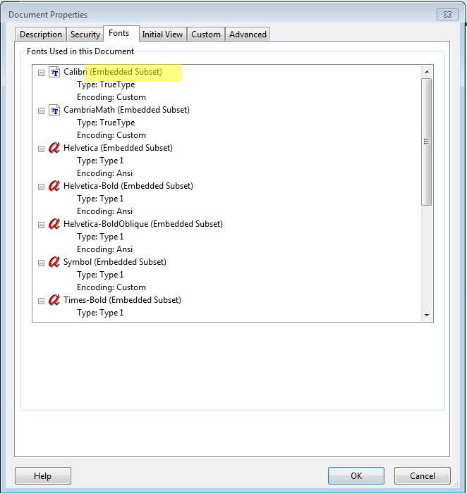 Screen shot of an example of multipel fonts showing )Embedded Subset) 