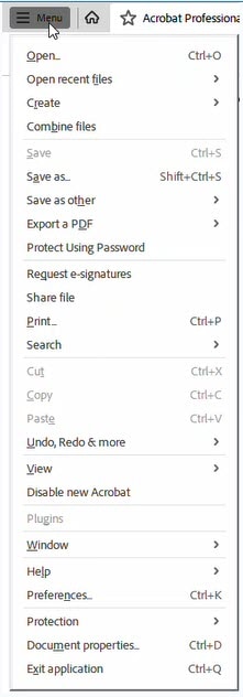 Screen shot of upper left three lines with the word "menu" with a drop down at the second to the bottom is document properties