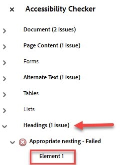 Accessibility Chekcer "Headings (1 Issue)" with a sub menu titled "Appropriate nesting - Failed" and "Element 1" 
