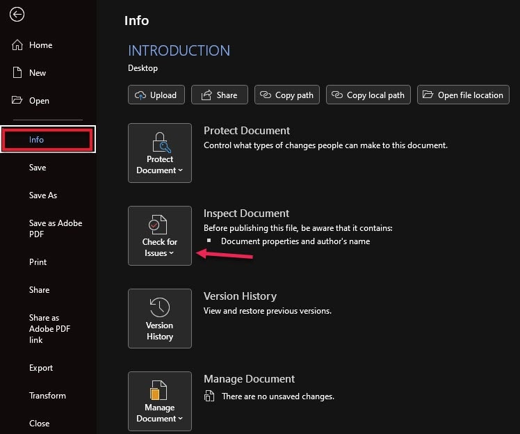 "Info" is fourth down on the list.  "Home" is first, "New" is second, "Open" is third.  