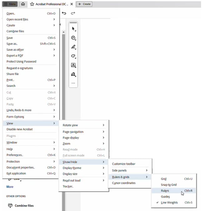Click on menu then show/hide, then rulers & grids, then rulers.  You can also click Ctrl+R