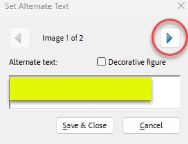 Set alternate text menu with a red circle around the arrow in the top right and a yellow highlight in the box where you type the alt text