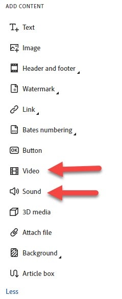 Screen shot of rich media menu with an arrow pointing to video and an arrow pointing to sound