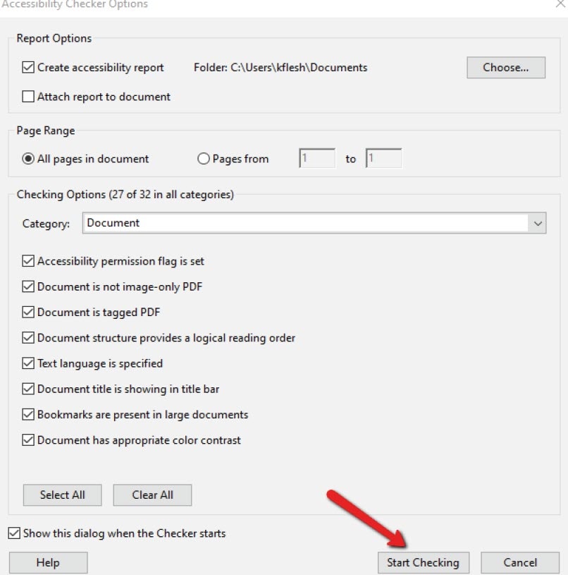 Accessibility Checker Options with Start Checking in the bottom right and an arrow is pointing to it in this picture