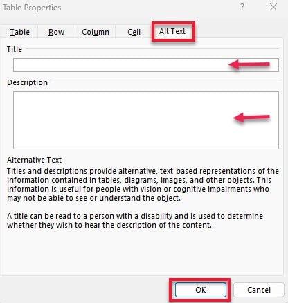 In the "Alt Text" tab, "Title" is the first fill in box and "Description" is the second fill in box