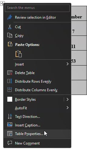 Menu shows "Table Properties" at the second to the bottom of the list and "New Comment" is last on the list