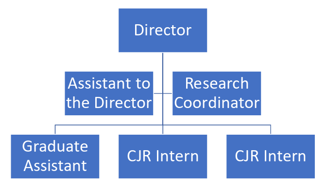 Organizational chart with "Director" at the top linked to "Assistant to the Director" and "Research Coordinator," the latter connecting to three roles: "Graduate Assistant" and two "CJR Intern" positions.