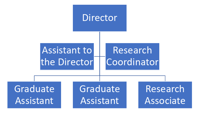 Organizational chart with a top position labeled "Director" leading to "Assistant to the Director" and "Research Coordinator," further branching to "Graduate Assistant" and "Research Associate."