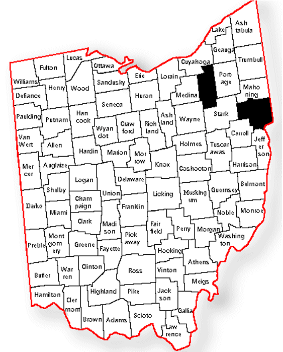 The two counties in our sample are filled with black. Summit County is further to the Northwest. Columbiana is further to the Southeast.
