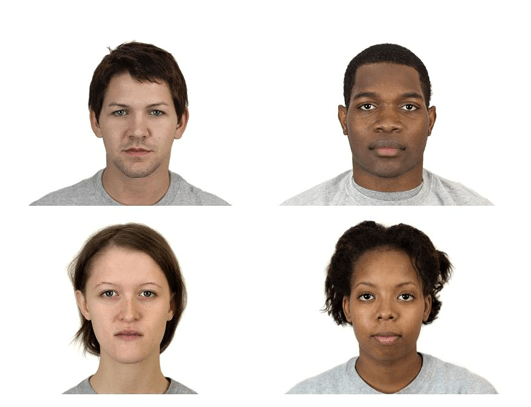Four individuals are shown in passport-style photos. They have neutral expressions and are wearing simple gray shirts, set against a plain white background. The two individuals in the top row are male, one white and one black. The two individuals in the bottom row are female, one white and one black.