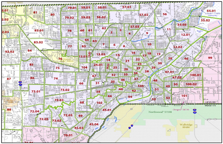 2010 map depicting the overlap of Toledo city limits and the corresponding census tracts. Green lines indicate tract divisions with tract numbers in red text.