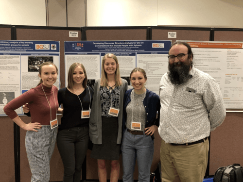 Madi Duling, Steph Koch, Katie Hartsel, and Anna Marie Sulminski, and Dr. Archer presenting their CURS project at the 2019 spring Research Symposium