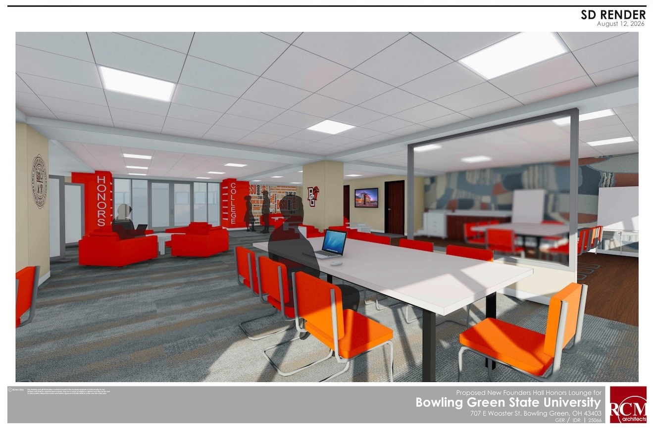 Rendered image of the proposed Honors student hub renovation. The rendering image includes a 7-top long white table, three sets of four comfortable orange lounge chairs, and wall decor with the BGSU seal and Honors College name.