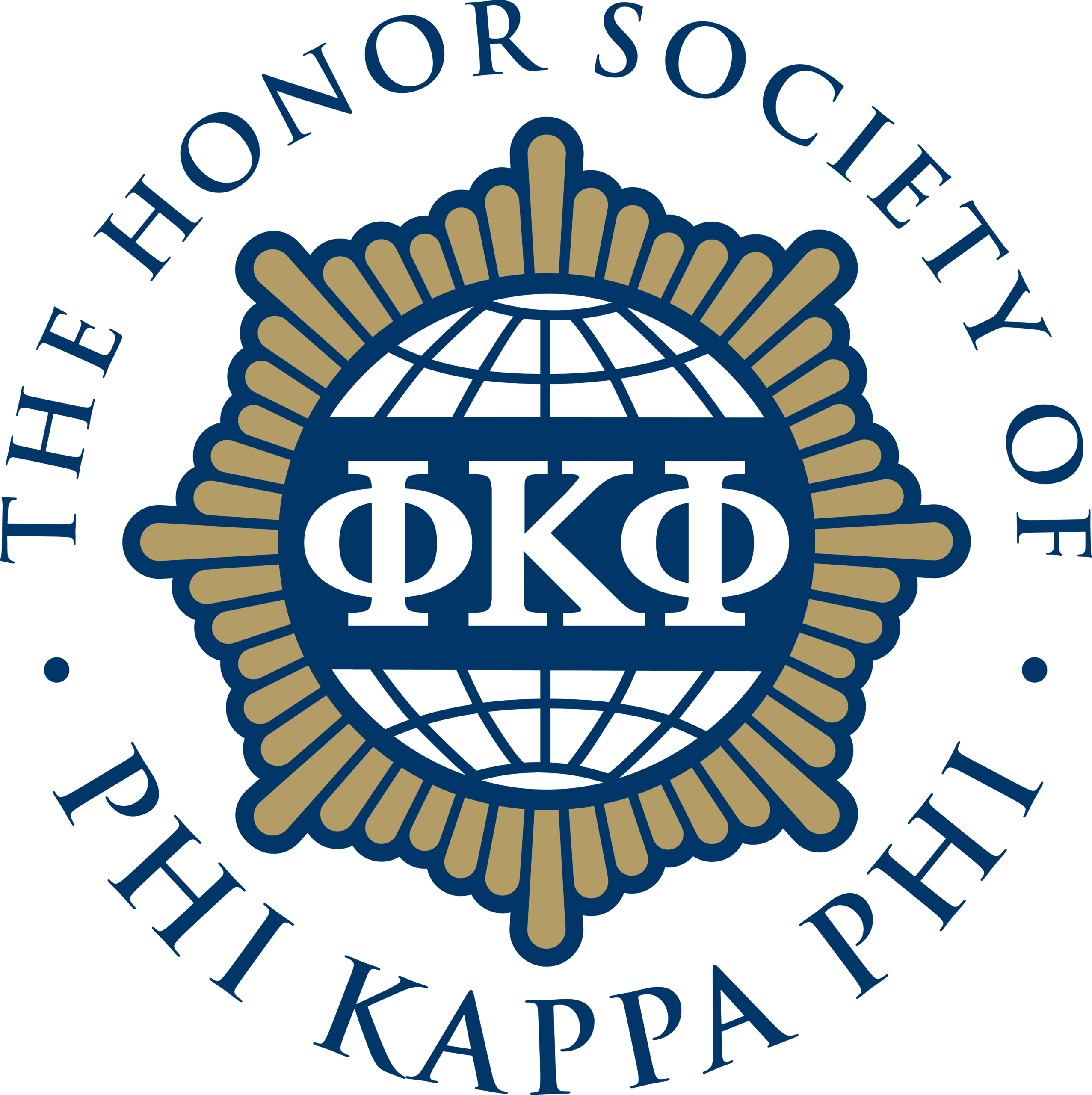 The Honor Society of Phi Kappa Phi around a tan circle with the Phi Kappa Phi Greek letters in the middle