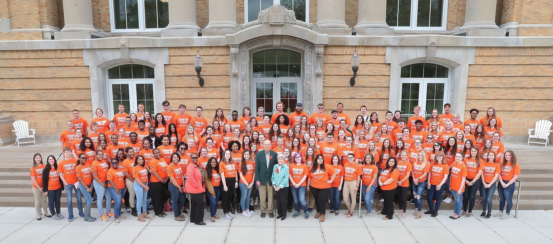 “Thompson Family Scholars honor and celebrate Bob and Ellen Thompson on May 10, 2018 during the Bowen-Thompson Quadrangle Dedication Ceremony recognizing the Thompson's generous support of scholarships for BGSU students.