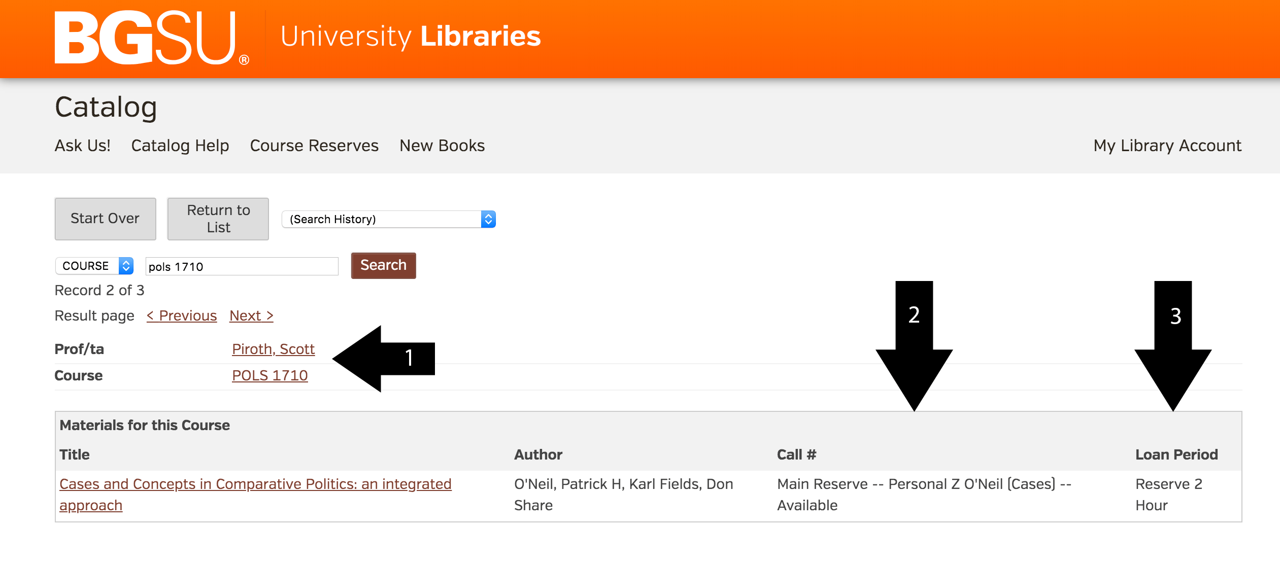 Arrows pointing to course description, location of materials, and checkout length in the libraries catalog