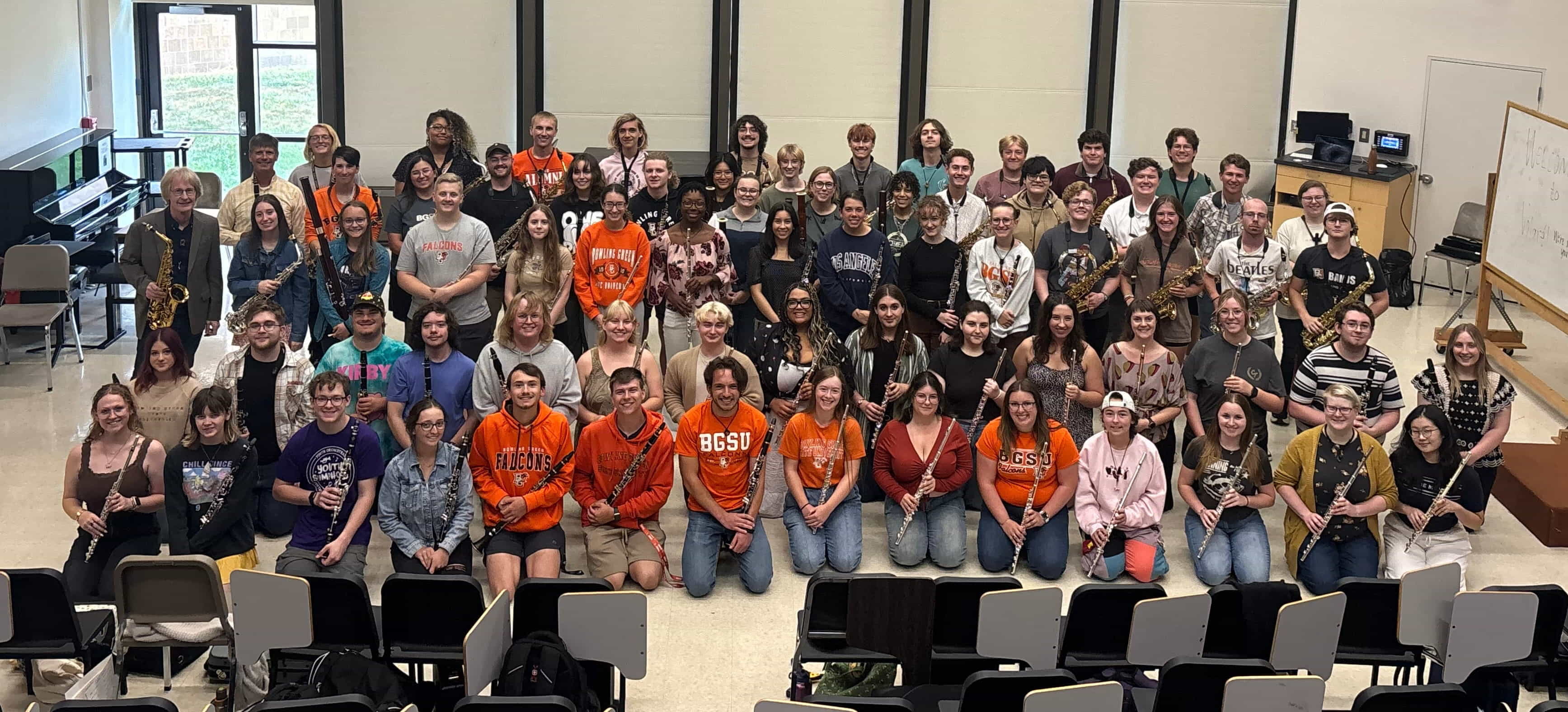 A photograph of members of the BGSU woodwind studios.