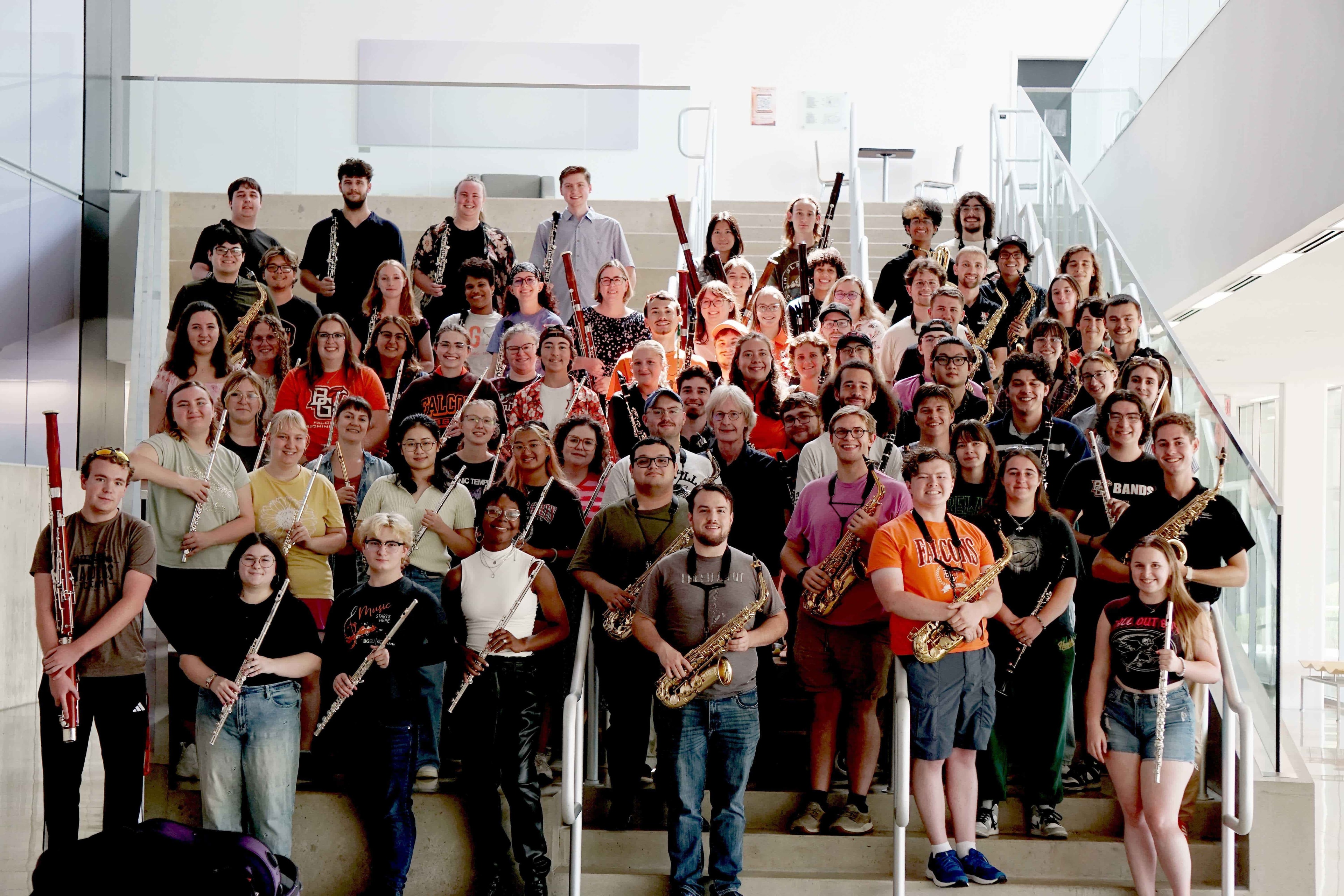 A photograph of members of the BGSU woodwind studios.