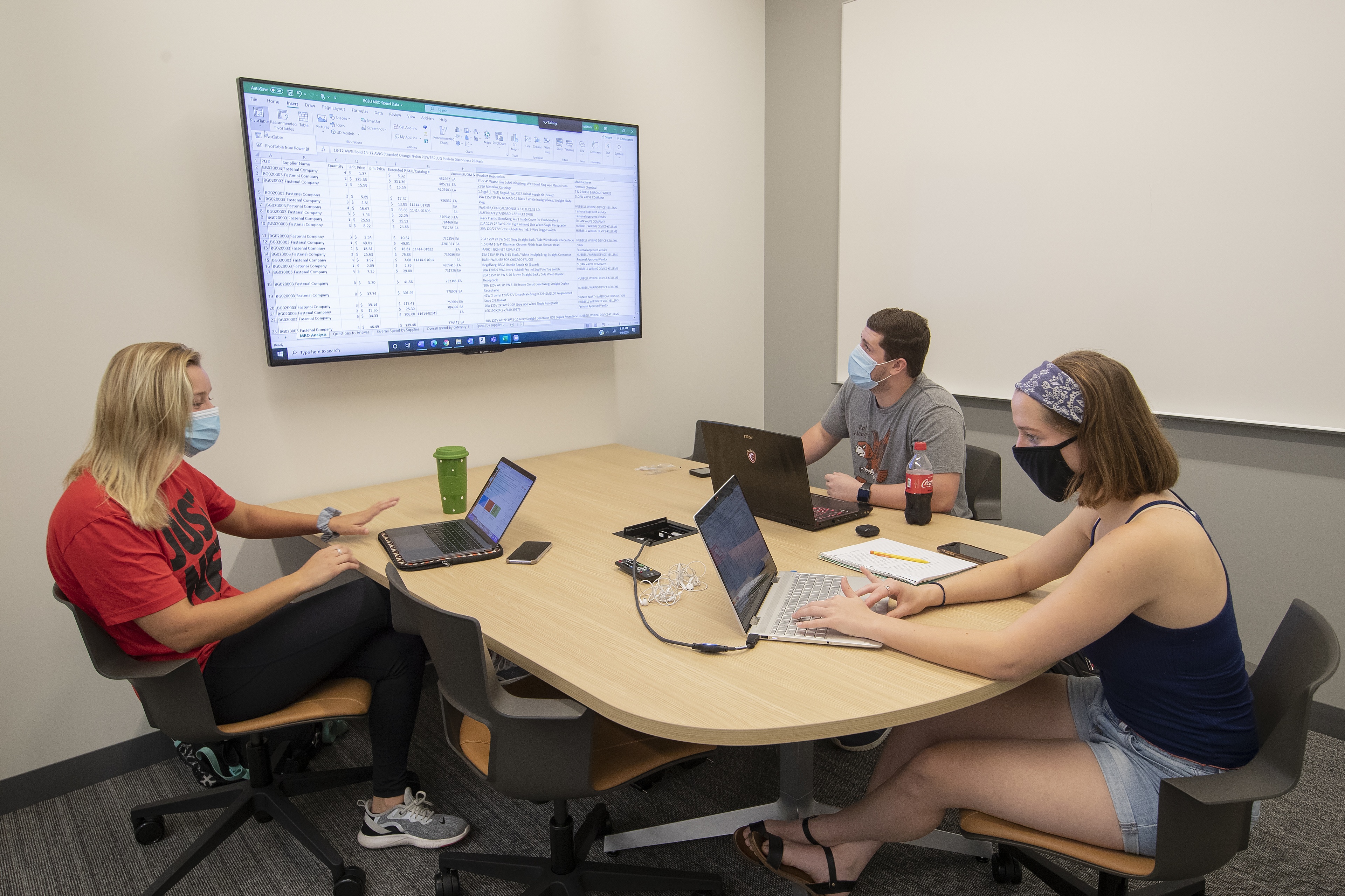  Supply chain management students Quincy Rable (left) from St Mary’s, Ohio, Allison Nevison (right) from Middlefield, Ohio, and Justin Allsop (center), from Findlay, Ohio work on a project in a new collaboration space..